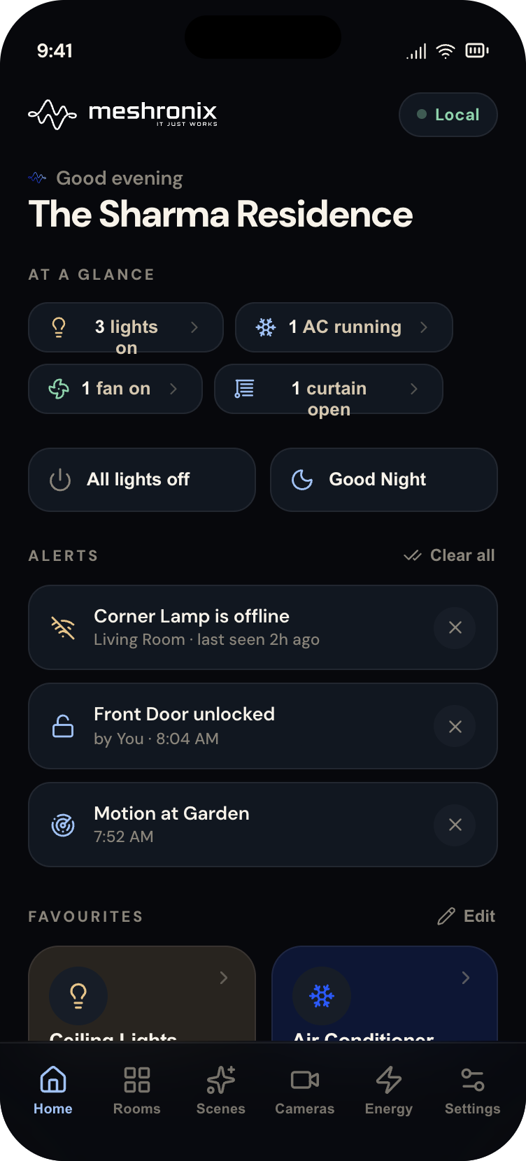 The Meshronix app home screen with at-a-glance status and scenes