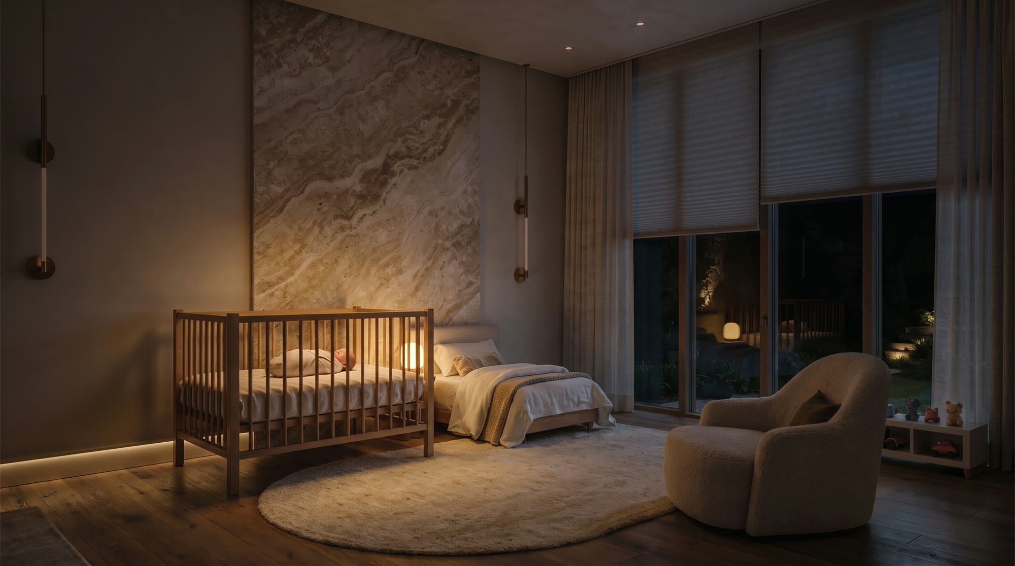A softly lit nursery at night, a baby asleep in a wooden crib beside a warm glowing night-light
