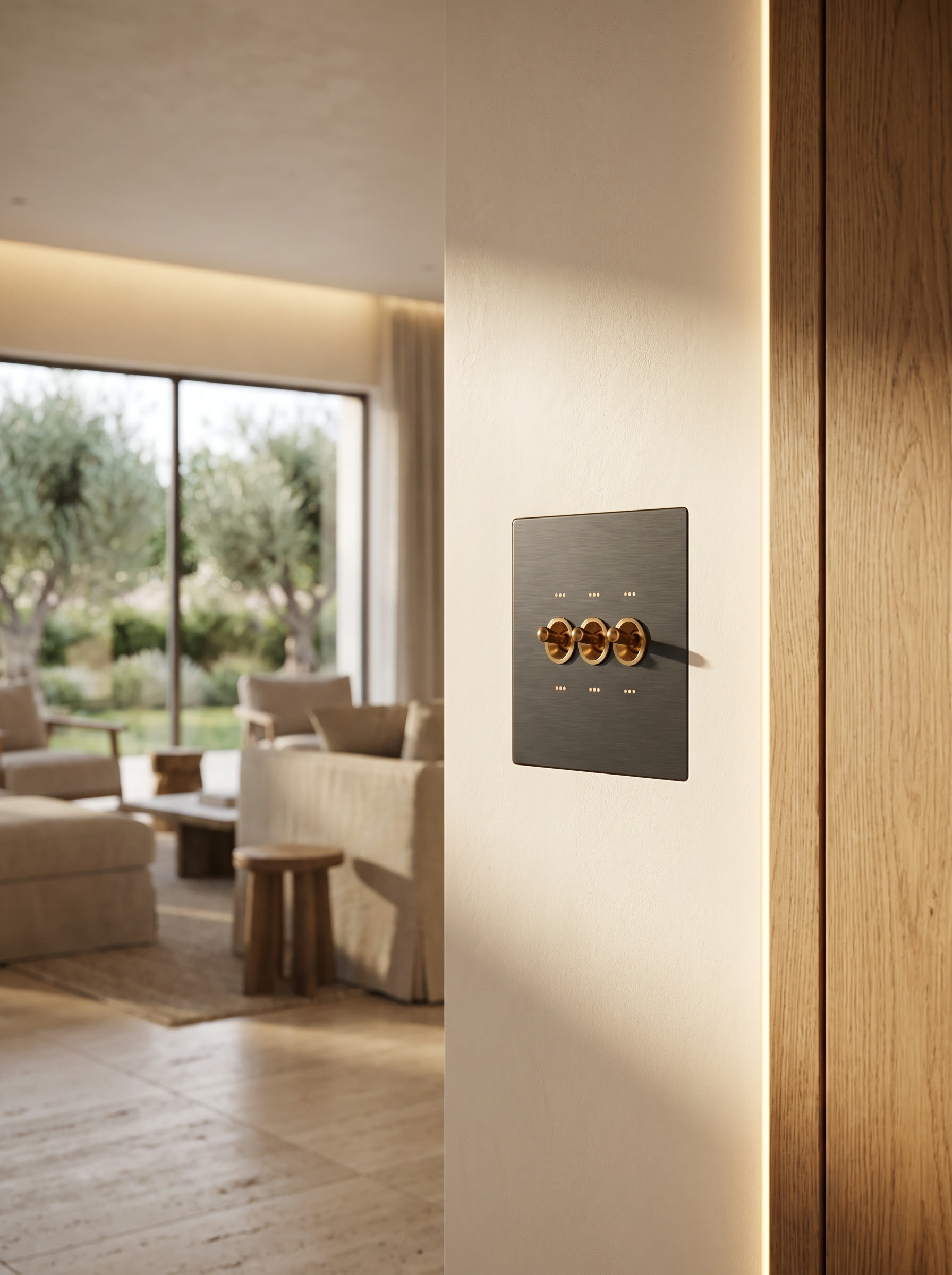 A brushed metal Meshronix keypad set flush into a finished wall, lit softly