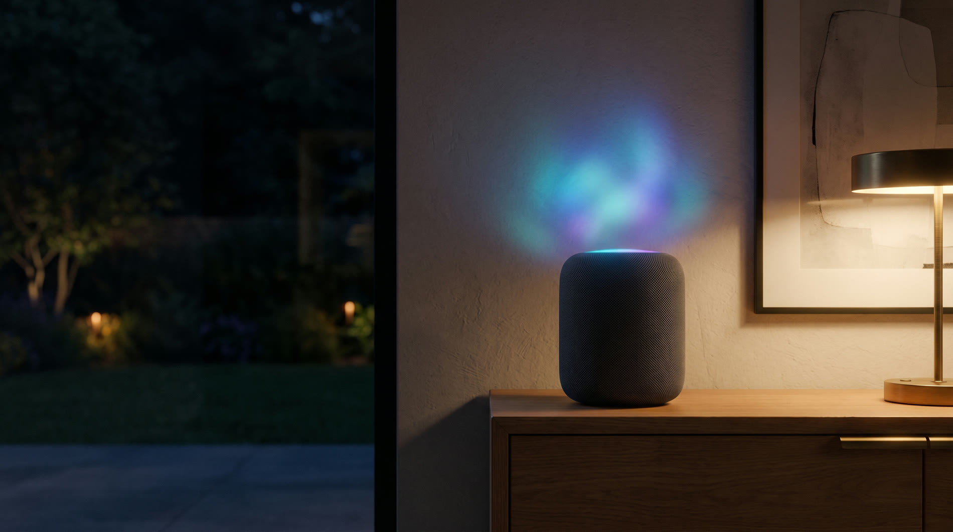 A voice speaker at night with a soft blue Siri-style glow blooming on the wall behind it