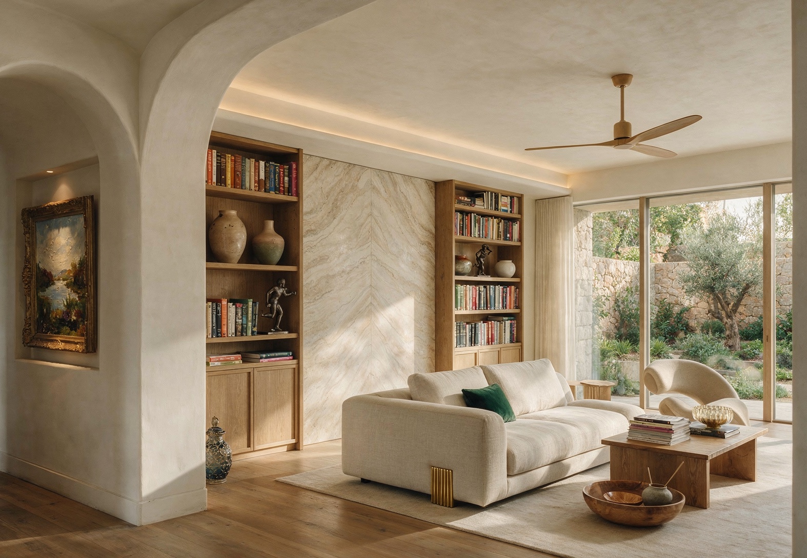 The Meshronix show-home living room by day, a warm, lived-in space