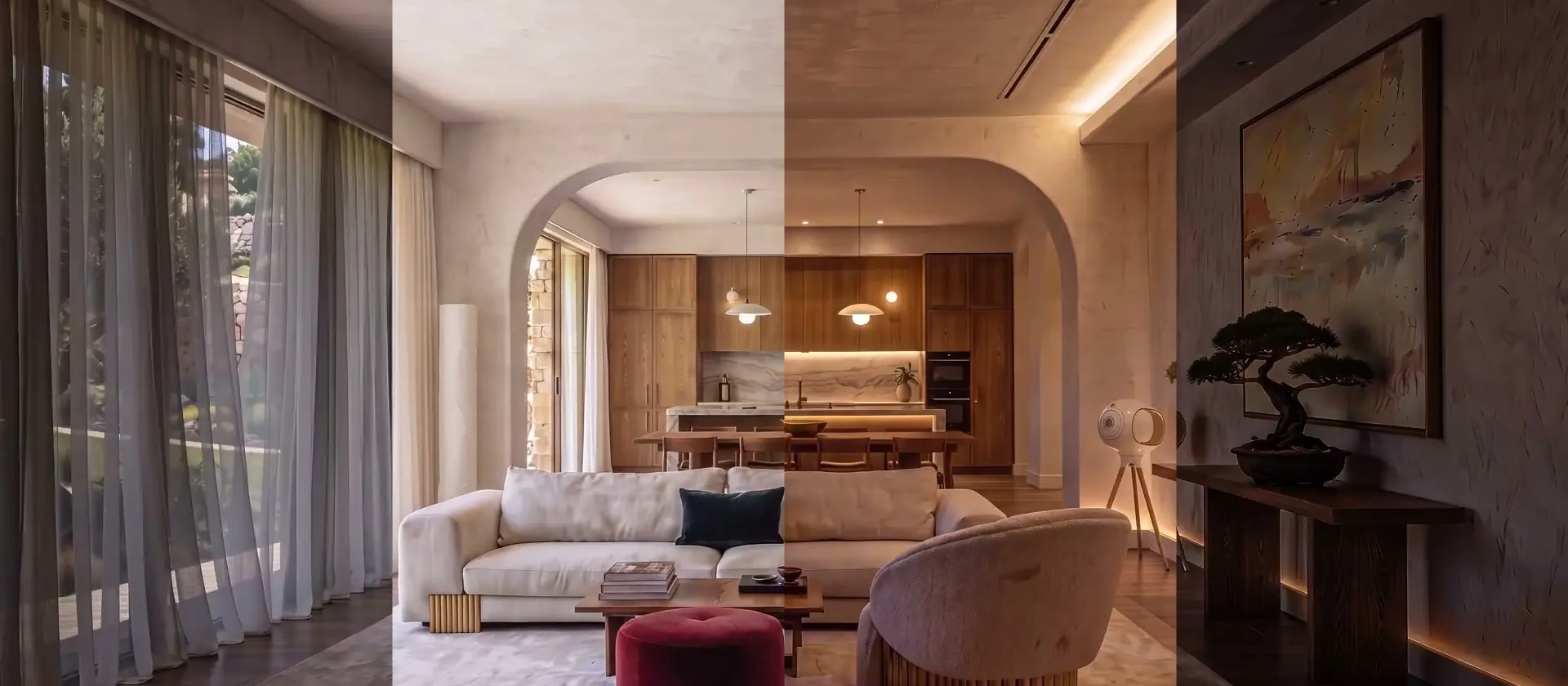 The same living room across one day, cool morning light on the left through midday, then warm evening to a dim night on the right