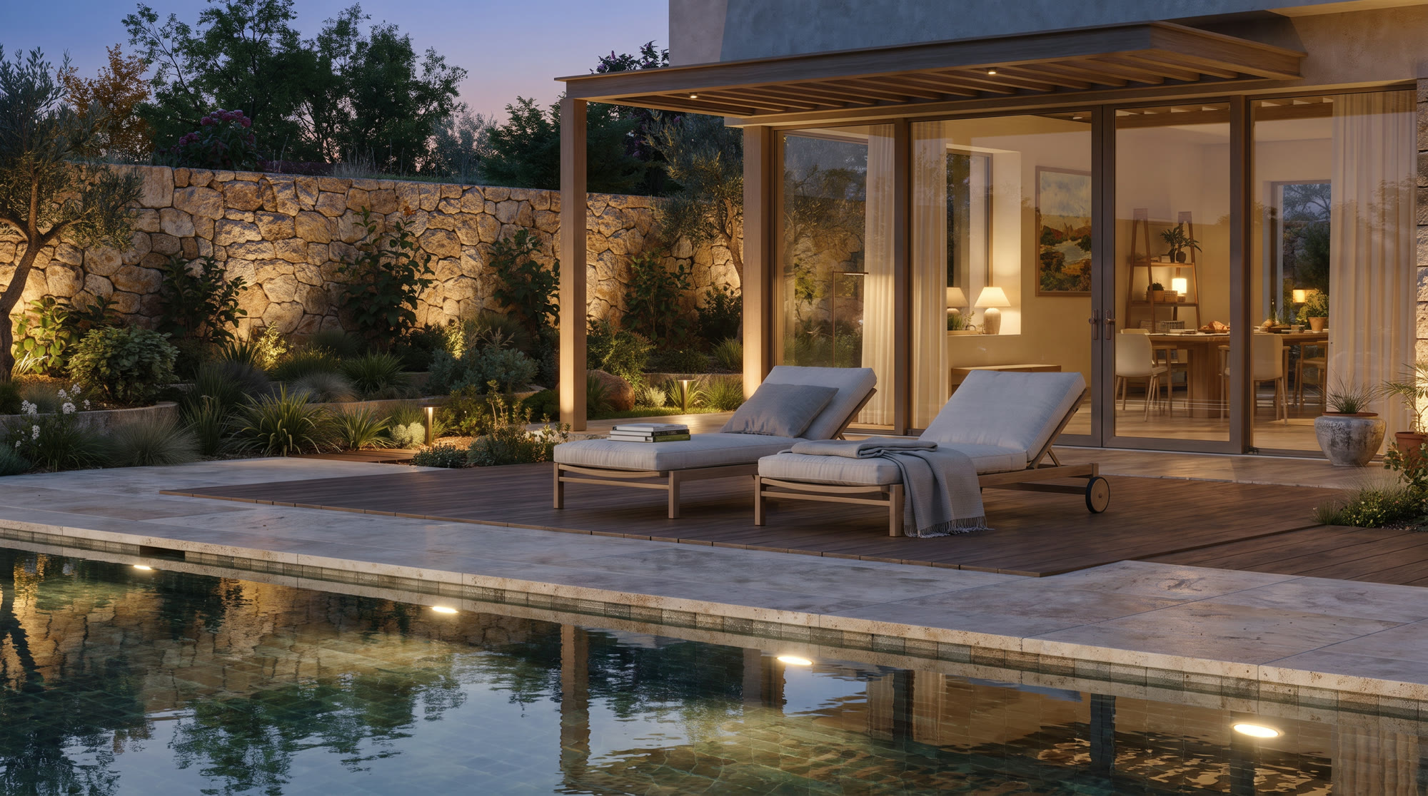 Camera view of the pool terrace and loungers at dusk