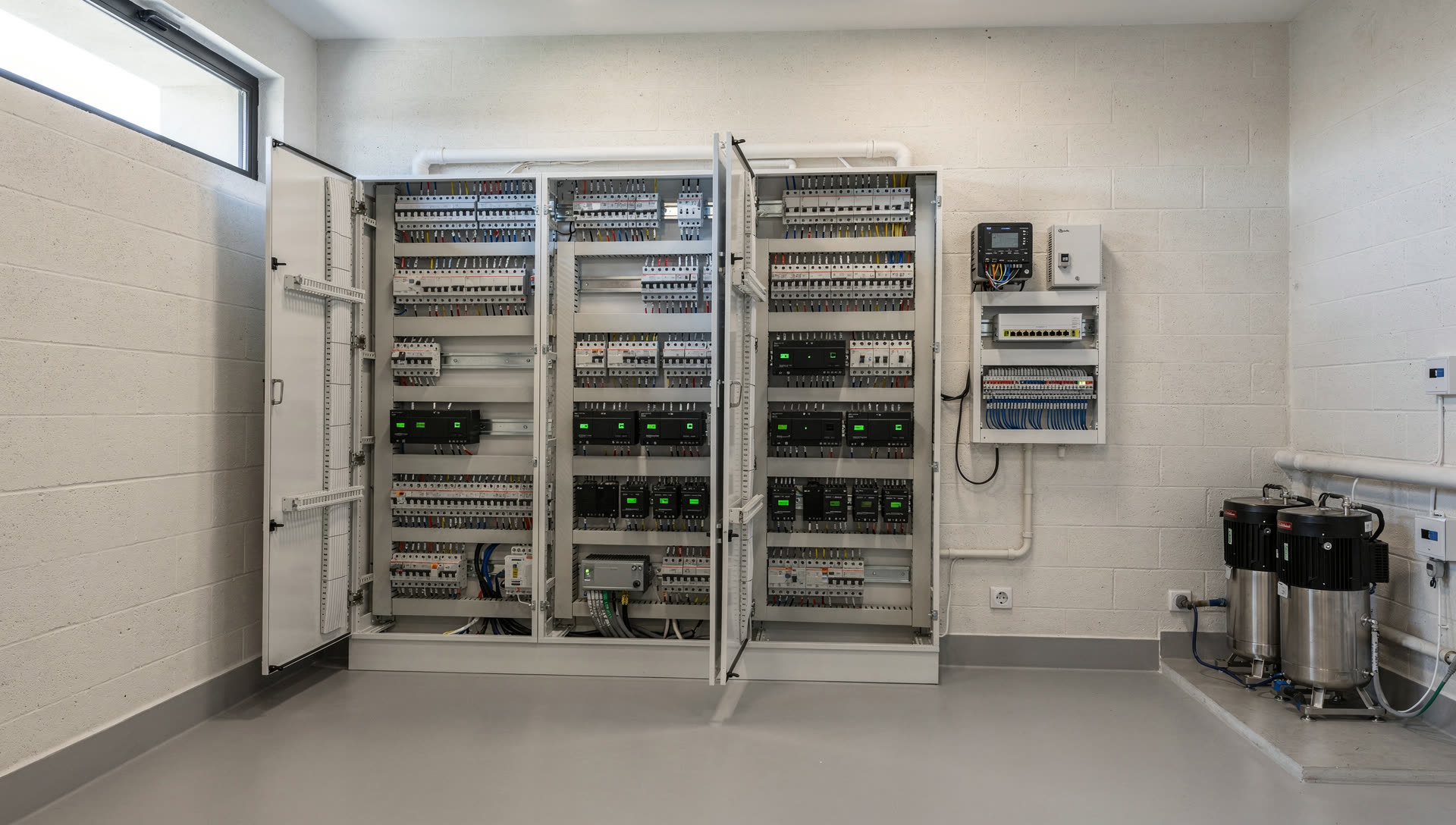 A Meshronix automation panel room with labelled, ferruled and numbered wiring across neat cabinets