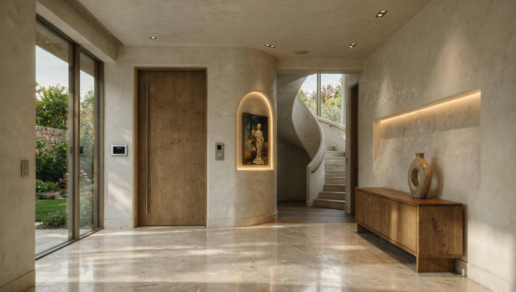 Camera view of the entrance hall, the staircase and console quietly lit