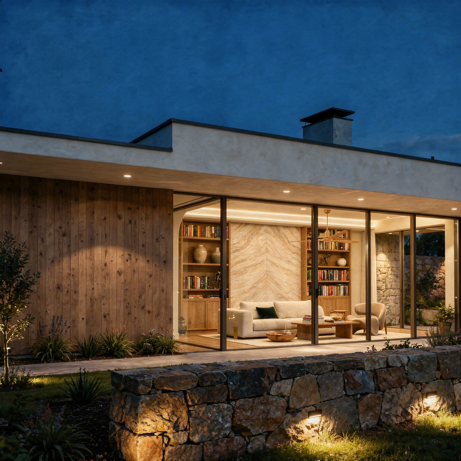The Meshronix show-home at twilight, the living room glowing warm behind glass, its garden and boundary walls quietly watched