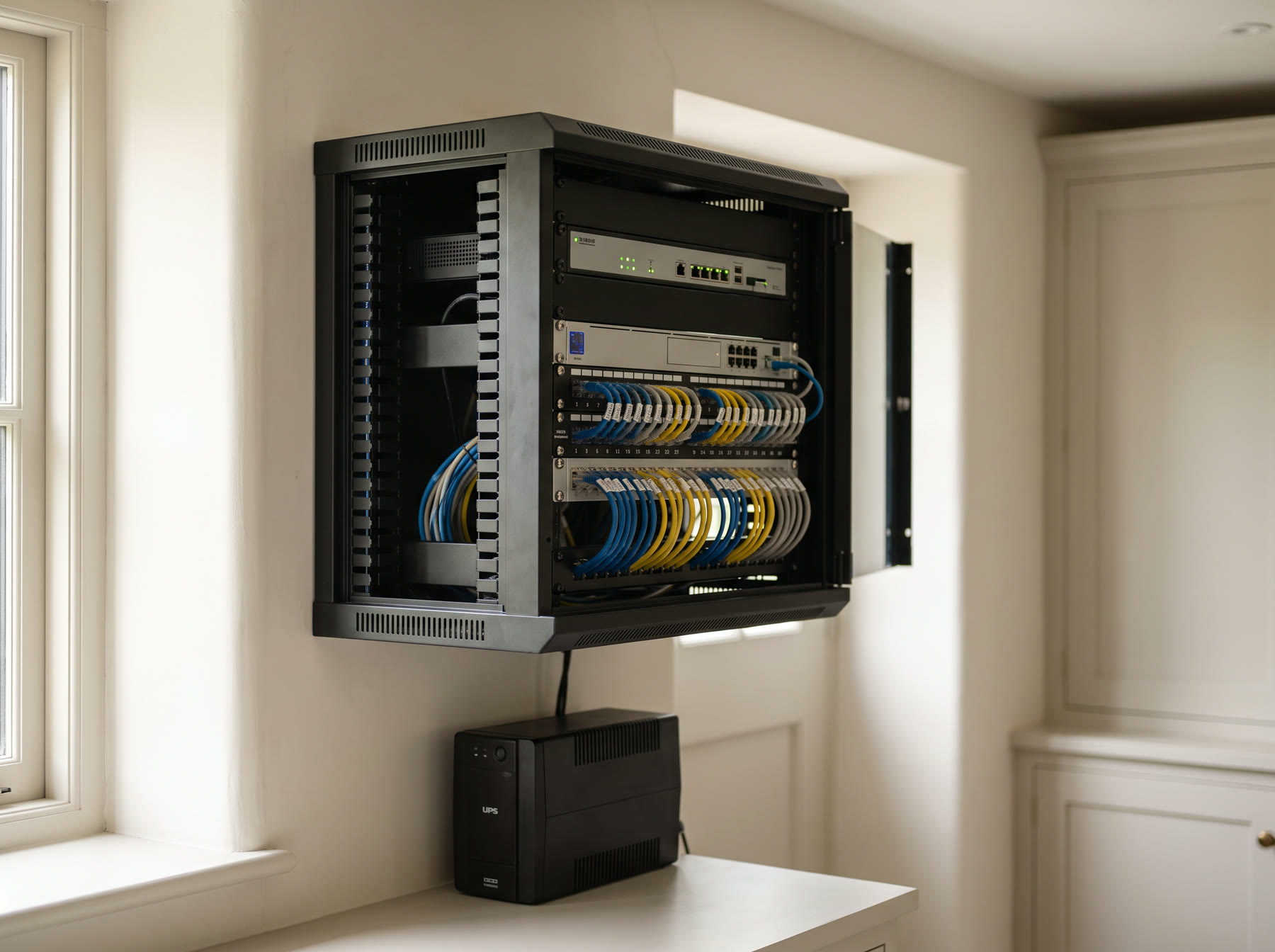 The real Meshronix network cabinet: a firewall appliance and managed switch above a numbered patch panel, with a UPS below